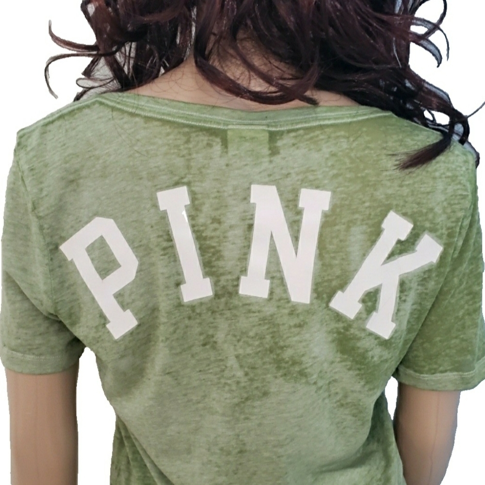 PINK VIictoria's Secret Burnout V neck Tunic Tee- Shirt XS Green White